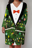 Green Casual Street Santa Claus Christmas Tree Print Pocket Contrast V Neck Printed Plus Size Dresses