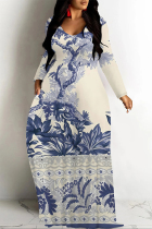 Blue Casual Street Floral Print Pocket Contrast V Neck Printed Dresses