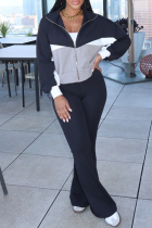 Black Casual Patchwork Zipper Contrast Zipper Collar Long Sleeve Two Pieces