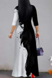 White Black Street Elegant Striped Print Gradient Lace Up Contrast V Neck Printed Dresses