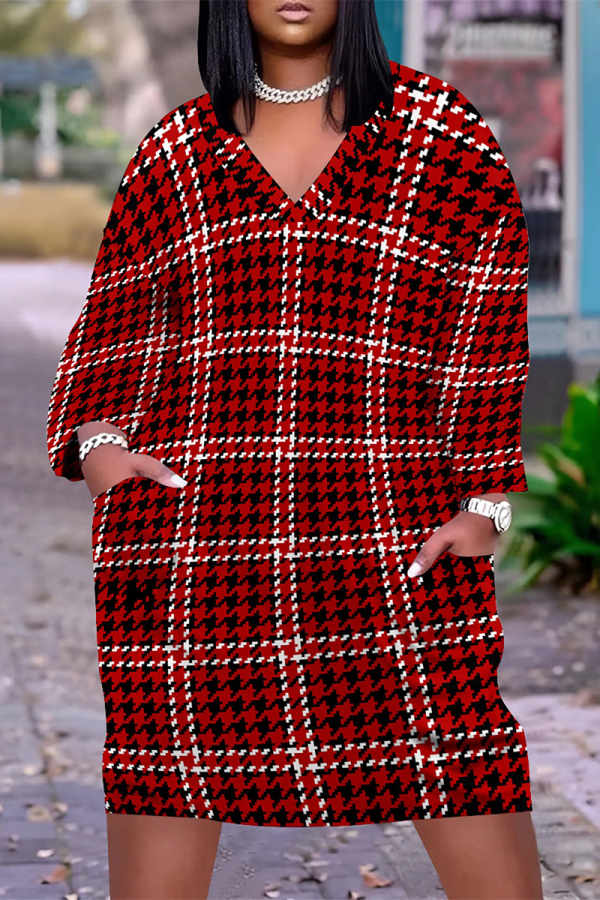 Red Black Casual Street Plaid Pocket Contrast V Neck Printed Plus Size Dresses