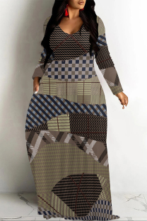 Khaki Casual Vacation Colorblock Plaid Ombre Print Pocket Contrast V Neck Printed Dresses