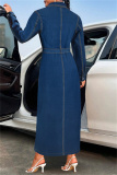 Deep Blue Casual Solid Color Buttons With Belt Turndown Collar Long Sleeve Regular Denim Dresses