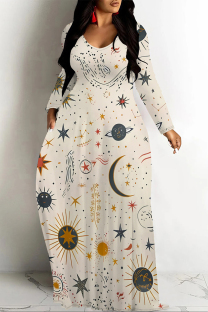 Beige Casual Street Geometric Print The stars Pocket Contrast V Neck Printed Dresses