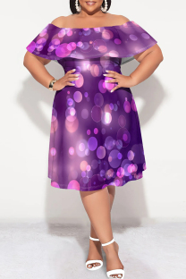 Purple Sexy Striped Print Ruffle Contrast Off Shoulder Printed Plus Size Dresses