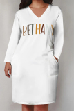 White Black Casual Street Letter Print Pocket Contrast V Neck Printed Plus Size Dresses
