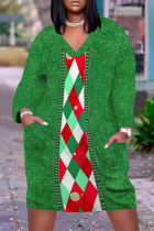 Green Casual Street Wapiti Santa Claus Christmas Tree Print Pocket Contrast V Neck Printed Plus Size Dresses