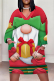 Green Casual Street Santa Claus Christmas Tree Print Pocket Contrast V Neck Printed Plus Size Dresses