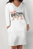 White Black Casual Street Letter Print Pocket Contrast V Neck Printed Plus Size Dresses
