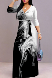 White Black Street Elegant Striped Print Gradient Lace Up Contrast V Neck Printed Dresses