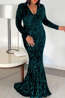 Green Sexy Formal Solid Color Sequins Patchwork V Neck Long Dresses