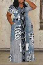 Baby Blue Casual Street Faux Denim Print Pocket Contrast V Neck Printed Plus Size Dresses