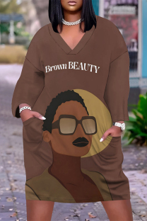 Dark Brown Casual Street Figure Print Letters Pocket Contrast V Neck Printed Plus Size Dresses