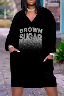 Black Casual Street Letter Print Pocket Contrast V Neck Printed Plus Size Dresses