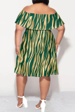 Purple Sexy Striped Print Ruffle Contrast Off Shoulder Printed Plus Size Dresses