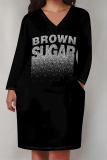 White Black Casual Street Letter Print Pocket Contrast V Neck Printed Plus Size Dresses