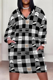 Red Casual Street Plaid Pocket Contrast V Neck Printed Plus Size Dresses