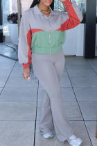 Grey Casual Patchwork Zipper Contrast Zipper Collar Long Sleeve Two Pieces