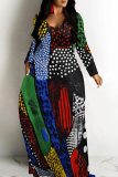 Orange Red Casual Print Patchwork O Neck Long Dresses