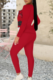 Red Black Casual Street Santa Claus Print Letters O Neck Long Sleeve Two Pieces
