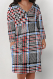 Red Casual Street Plaid Pocket Contrast V Neck Printed Plus Size Dresses