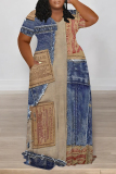 Blue Coffee Casual Street Faux Denim Print Pocket Contrast V Neck Printed Plus Size Dresses
