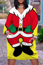 Yellow Casual Street Santa Claus Christmas Tree Print Pocket Contrast V Neck Printed Plus Size Dresses