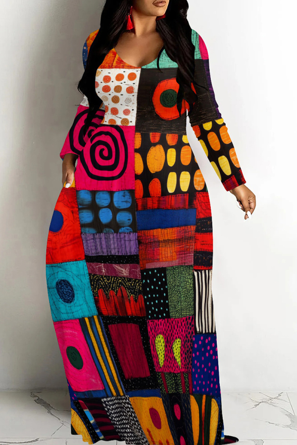 Colour Casual Print Patchwork O Neck Long Dresses