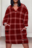 Red Casual Street Plaid Pocket Contrast V Neck Printed Plus Size Dresses