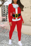 Red Black Casual Street Santa Claus Print Letters O Neck Long Sleeve Two Pieces