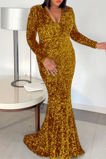 Golden Yellow Sexy Formal Solid Color Sequins Patchwork V Neck Long Dresses
