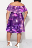 Purple Sexy Striped Print Ruffle Contrast Off Shoulder Printed Plus Size Dresses