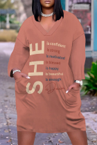 Coral Powder Casual Street Letter Print Pocket Contrast V Neck Printed Plus Size Dresses