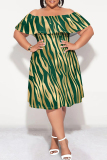 Purple Sexy Striped Print Ruffle Contrast Off Shoulder Printed Plus Size Dresses