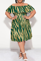 Green Sexy Striped Print Ruffle Contrast Off Shoulder Printed Plus Size Dresses