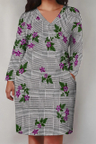 Red Casual Street Plaid Pocket Contrast V Neck Printed Plus Size Dresses
