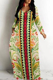 Light Green Casual Street Floral Print Pocket Contrast V Neck Printed Dresses