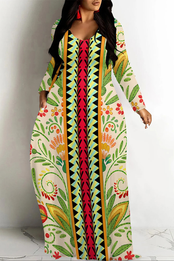 Light Green Casual Street Floral Print Pocket Contrast V Neck Printed Dresses