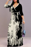 White Black Street Elegant Striped Print Gradient Lace Up Contrast V Neck Printed Dresses