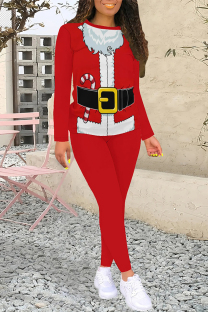 Red Casual Street Santa Claus Print Letters O Neck Long Sleeve Two Pieces