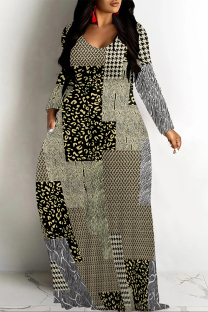 Black khaki Casual Vacation Colorblock Plaid Ombre Print Pocket Contrast V Neck Printed Dresses