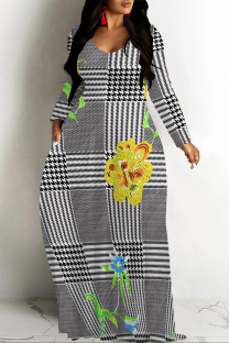 Black And White Casual Vacation Colorblock Plaid Ombre Print Pocket Contrast V Neck Printed Dresses