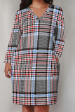Red Casual Street Plaid Pocket Contrast V Neck Printed Plus Size Dresses