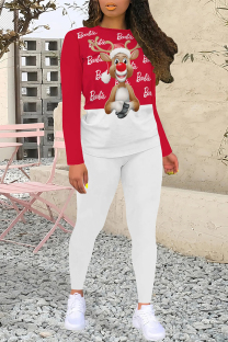 White Red Casual Wapiti Santa Claus Letter Print O Neck Long Sleeve Two Pieces