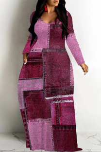 Fuchsia Casual Street Faux Denim Print Pocket Contrast V Neck Printed Dresses