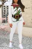 Black Green Casual Party Santa Claus Print Contrast O Neck Long Sleeve Two Pieces