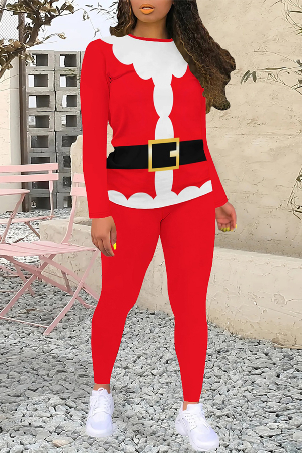 Black White Red Casual Wapiti Santa Claus Letter Print O Neck Long Sleeve Two Pieces