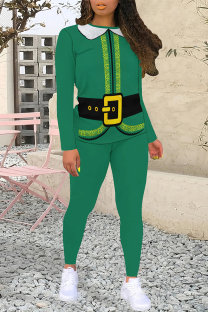 Green Casual Party Santa Claus Print Contrast O Neck Long Sleeve Two Pieces