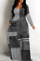 Grey Casual Street Faux Denim Print Pocket Contrast V Neck Printed Dresses