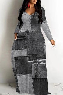 Grey Casual Street Faux Denim Print Pocket Contrast V Neck Printed Dresses